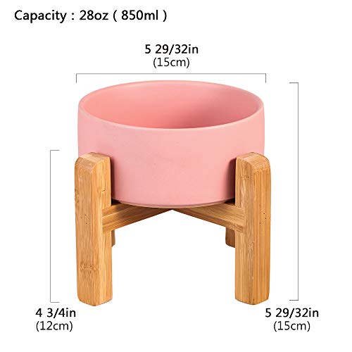 Elevated Ceramic Pet Bowl with Wood Stand – Non-Slip, Dishwasher Safe, 6x6x5 Inches for Cats & Small Dogs