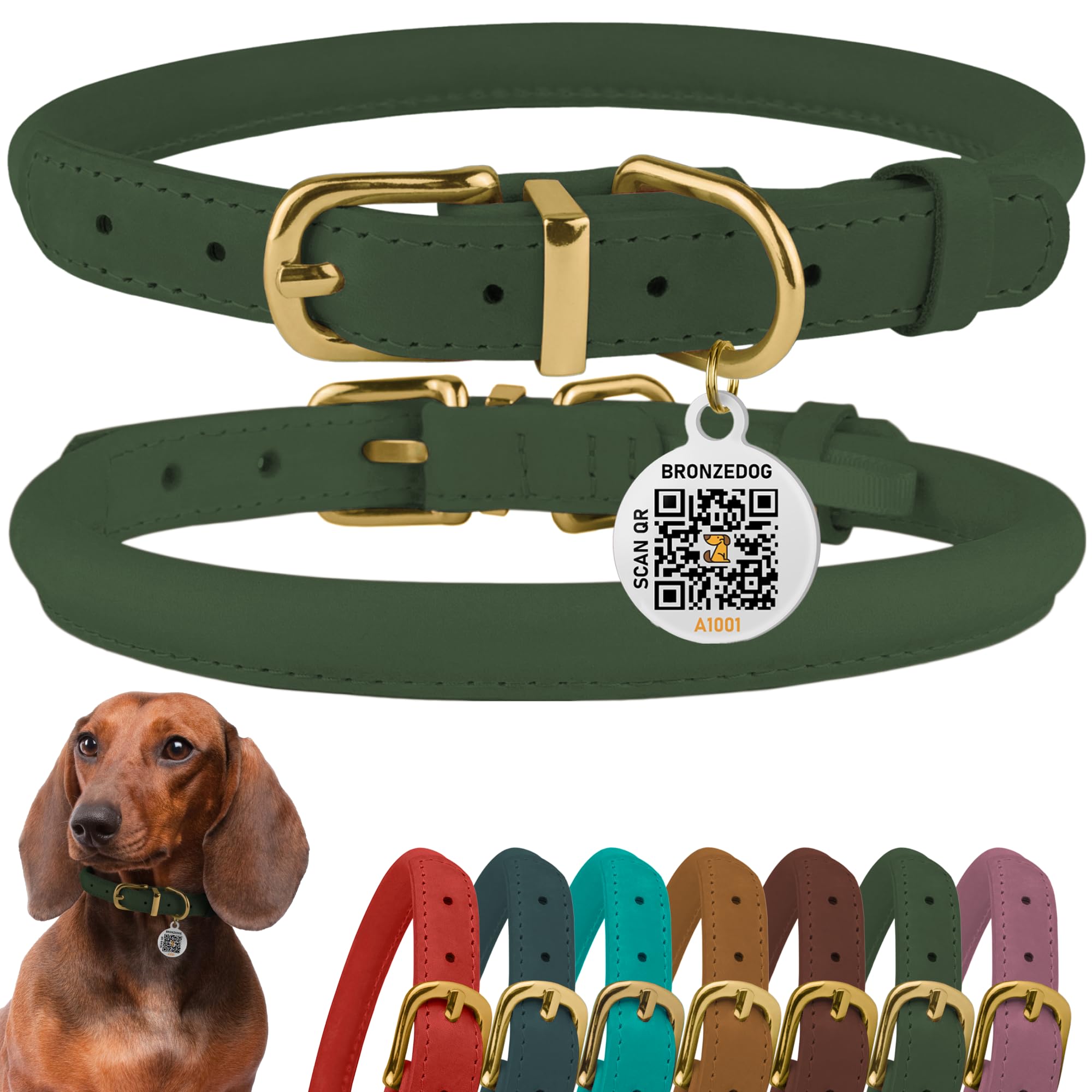 Emerald Green Rolled Leather Dog Collar by BronzeDog – 16-19 Inch Neck, Waxed Leather, Anti-Tangle for Long-Haired Dogs