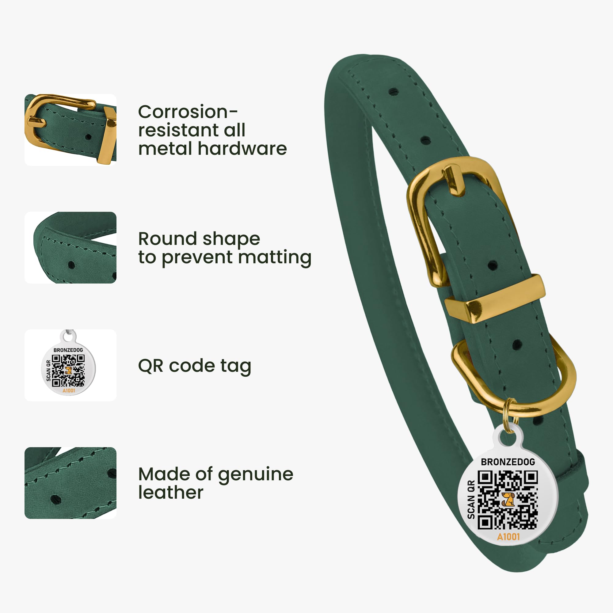 Emerald Green Rolled Leather Dog Collar by BronzeDog – 16-19 Inch Neck, Waxed Leather, Anti-Tangle for Long-Haired Dogs