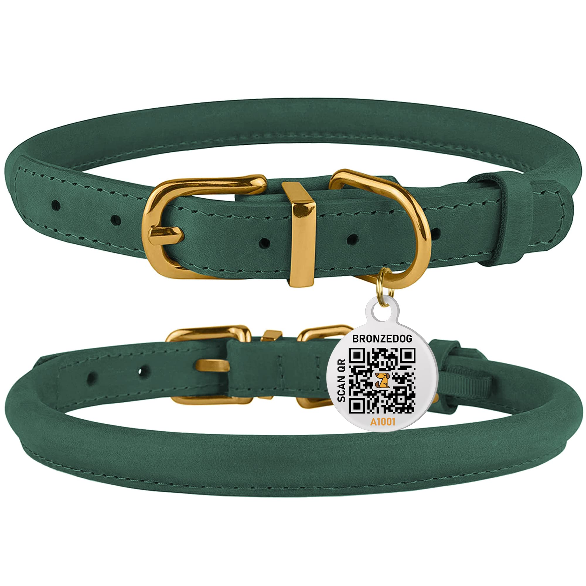 Emerald Green Rolled Leather Dog Collar by BronzeDog – 16-19 Inch Neck, Waxed Leather, Anti-Tangle for Long-Haired Dogs