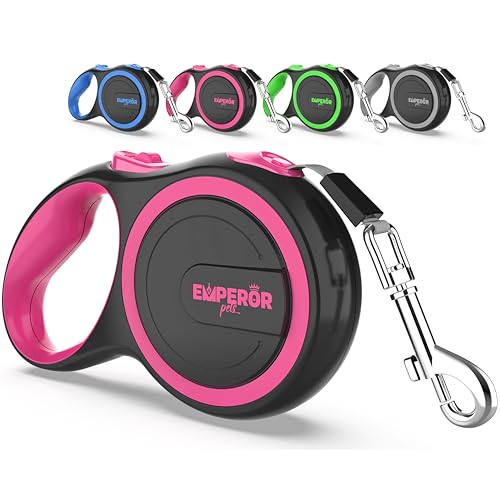 Emperor Pets 16 ft Retractable Dog Leash - Heavy Duty Nylon Leash for Large Dogs up to 110 lbs - Pink