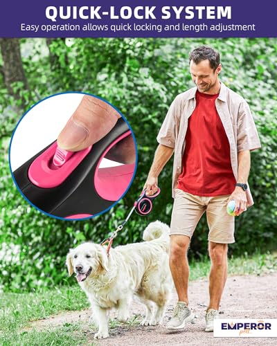 Emperor Pets 16 ft Retractable Dog Leash - Heavy Duty Nylon Leash for Large Dogs up to 110 lbs - Pink