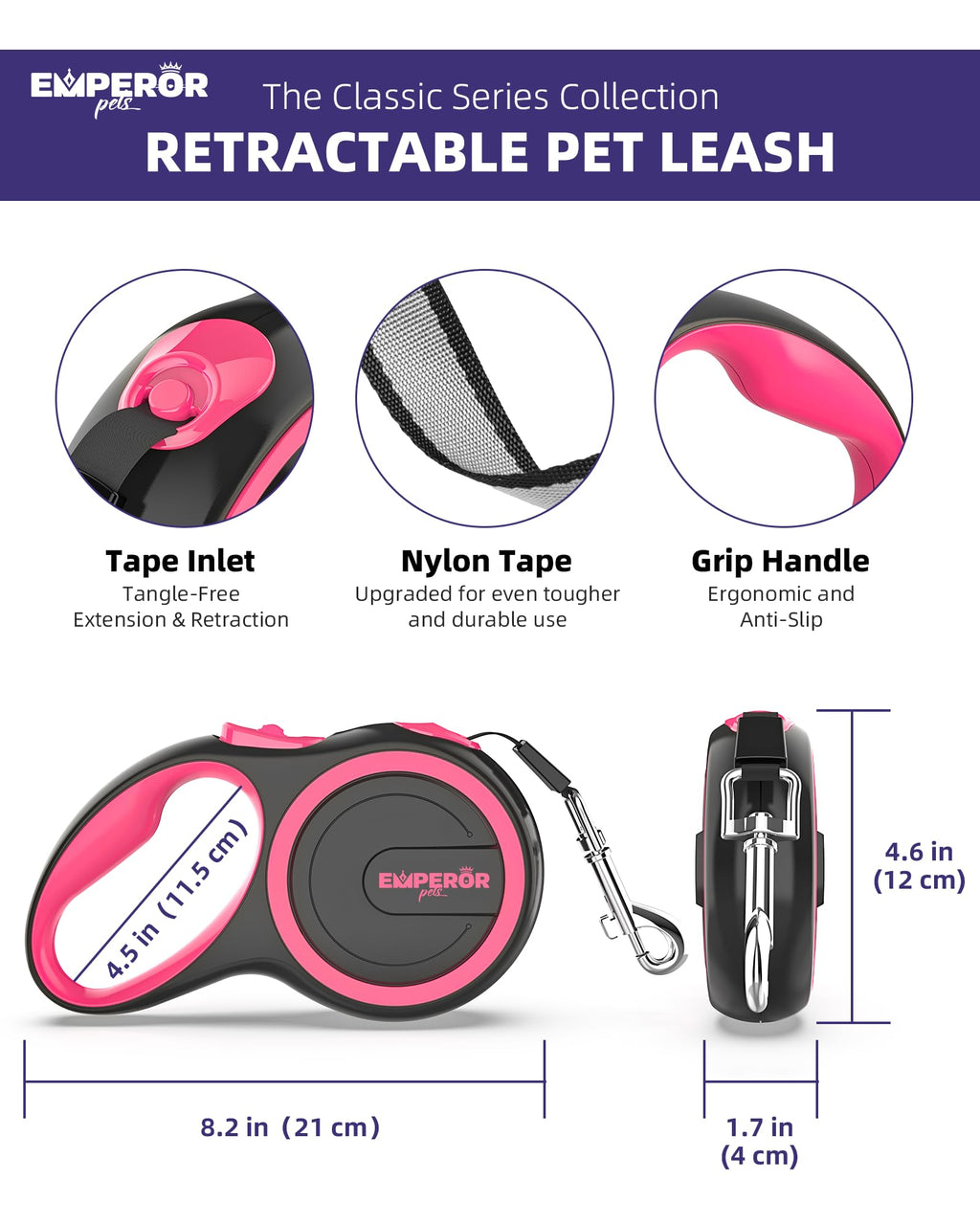 Emperor Pets 16 ft Retractable Dog Leash - Heavy Duty Nylon Leash for Large Dogs up to 110 lbs - Pink