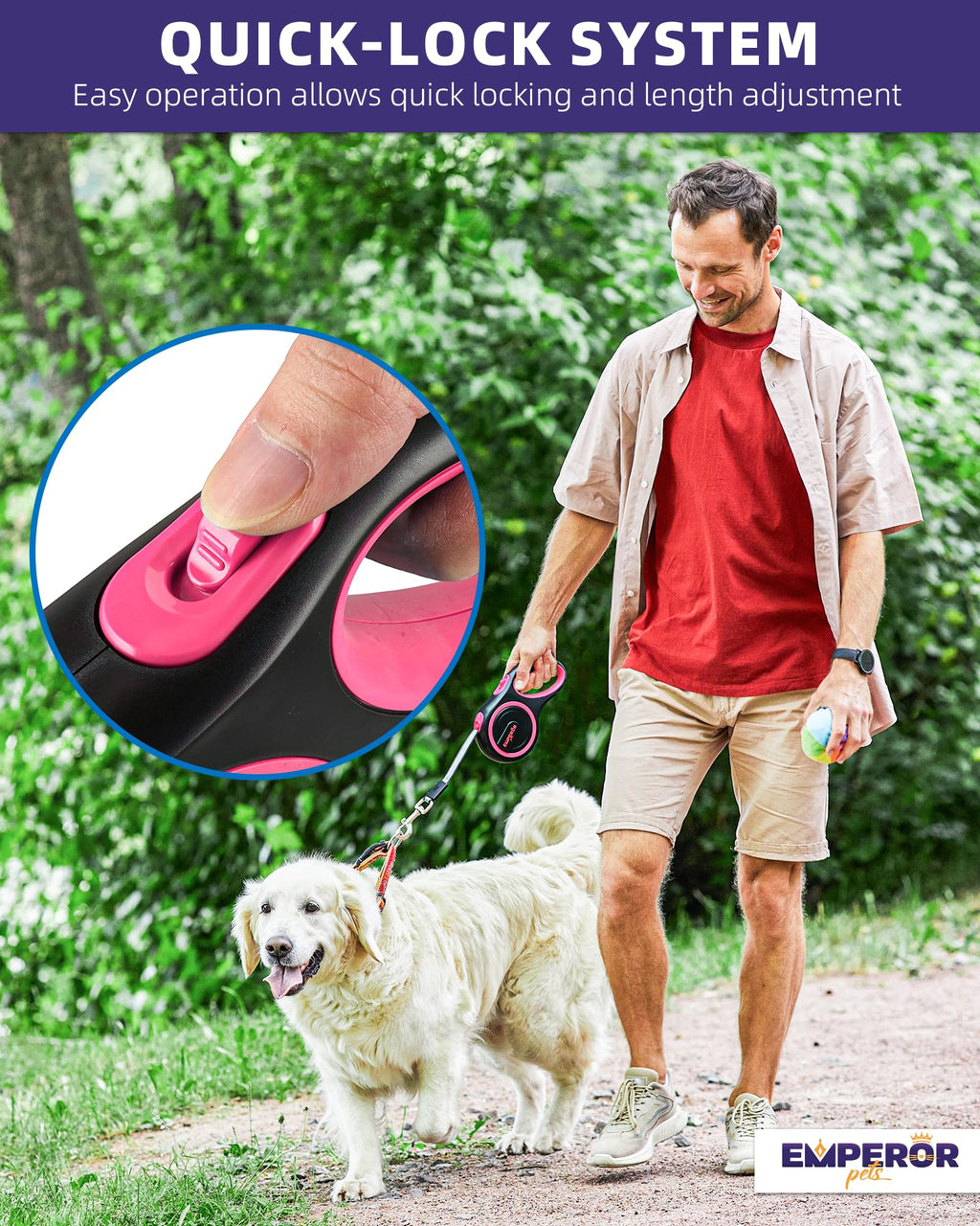 Emperor Pets 16 ft Retractable Dog Leash - Heavy Duty Nylon Leash for Large Dogs up to 110 lbs - Pink