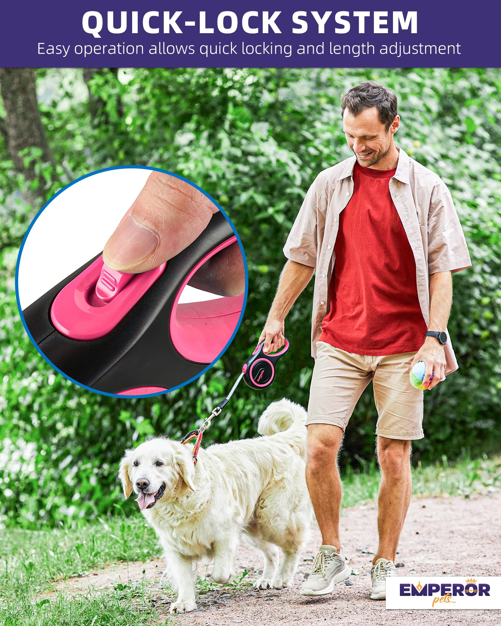 Emperor Pets 16 ft Retractable Dog Leash - Heavy Duty Nylon Leash for Large Dogs up to 110 lbs - Pink