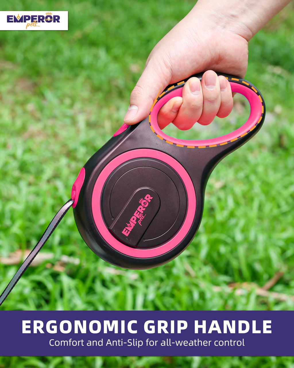 Emperor Pets 16 ft Retractable Dog Leash - Heavy Duty Nylon Leash for Large Dogs up to 110 lbs - Pink