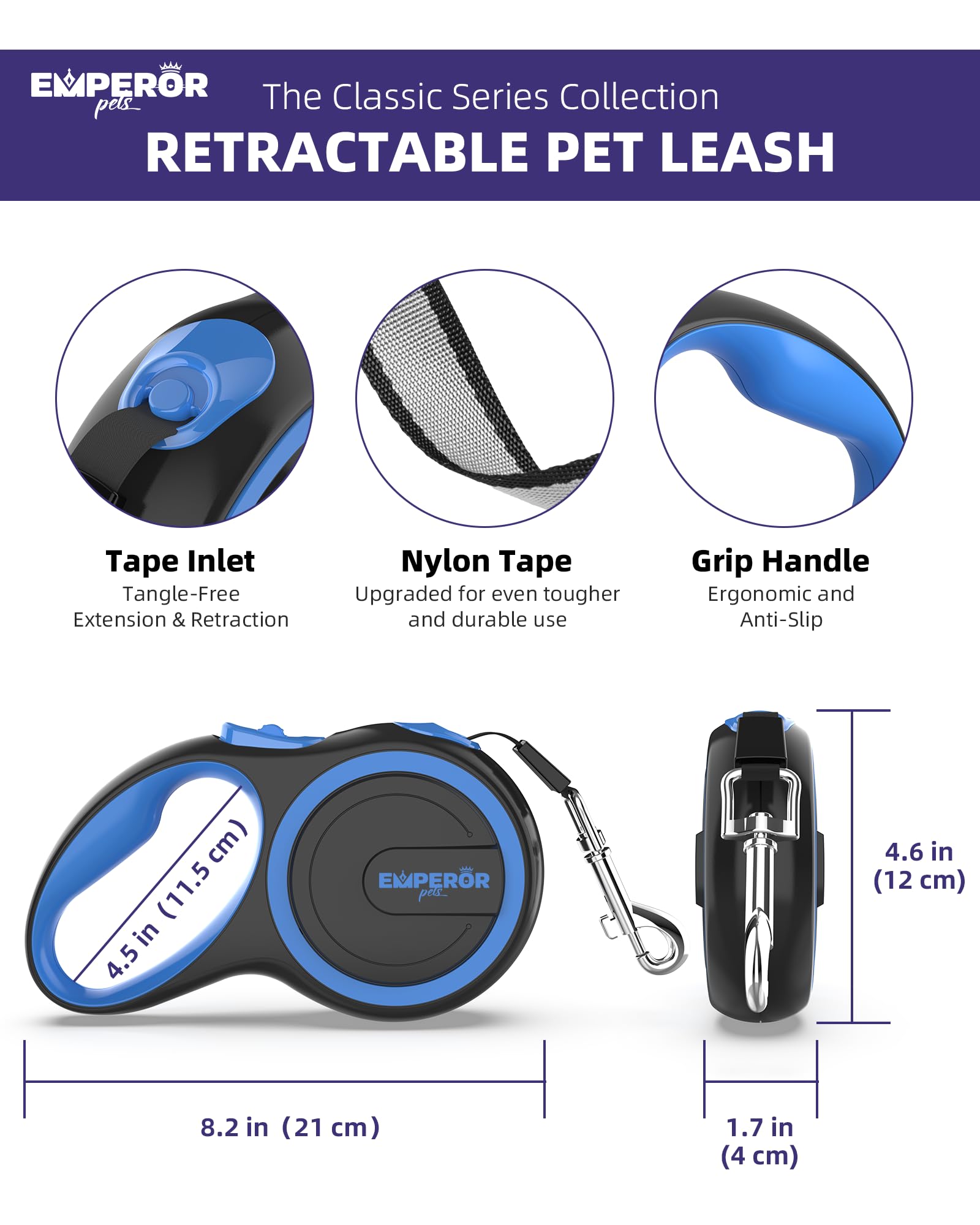 Emperor Pets 16 ft Retractable Dog Leash for Small Dogs - Blue, Up to 44 lbs