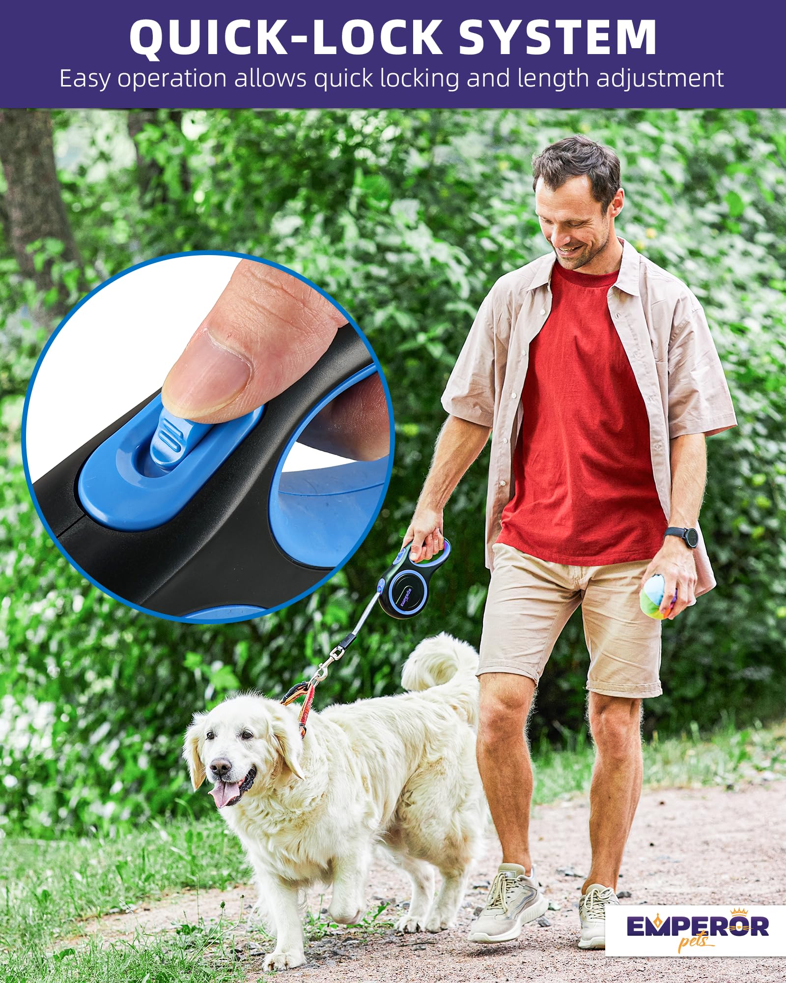 Emperor Pets 16 ft Retractable Dog Leash for Small Dogs - Blue, Up to 44 lbs