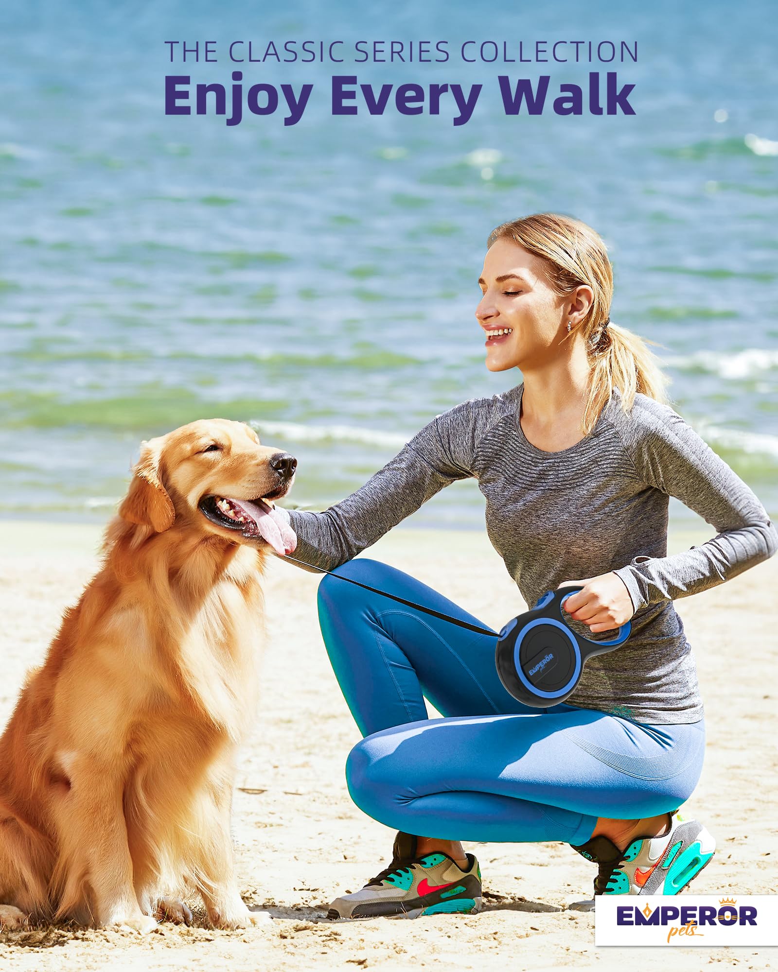 Emperor Pets 16 ft Retractable Dog Leash for Small Dogs - Blue, Up to 44 lbs
