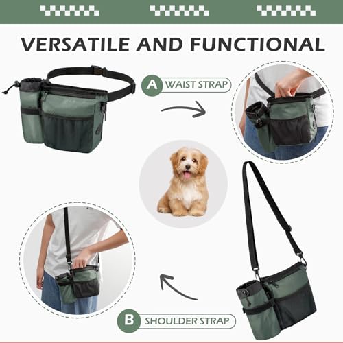 Erhalithegro Dog Treat Training Pouch - Magnetic Zipper Closure, Poop Bag Dispenser, Water Bottle Pocket, GrayishGreen