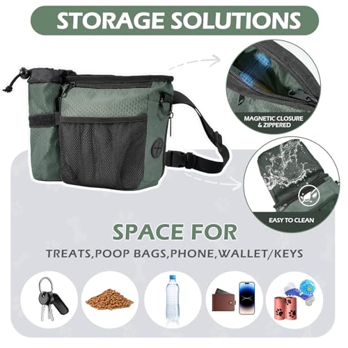 Erhalithegro Dog Treat Training Pouch - Magnetic Zipper Closure, Poop Bag Dispenser, Water Bottle Pocket, GrayishGreen