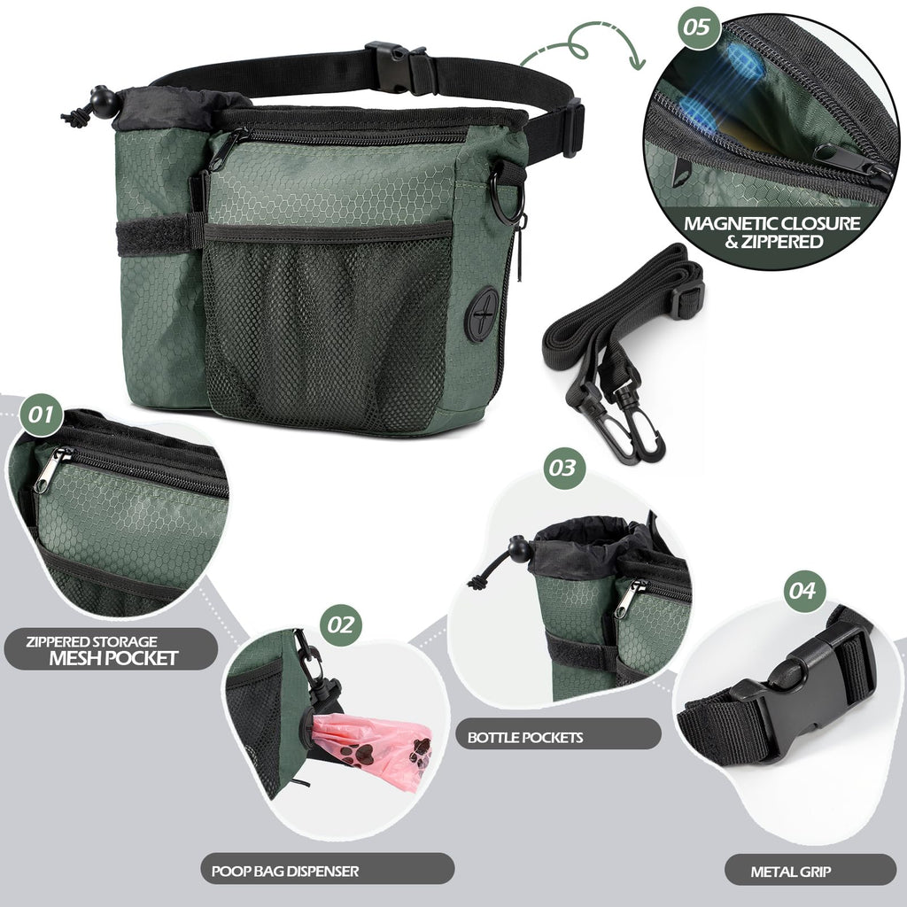 Erhalithegro Dog Treat Training Pouch - Magnetic Zipper Closure, Poop Bag Dispenser, Water Bottle Pocket, GrayishGreen