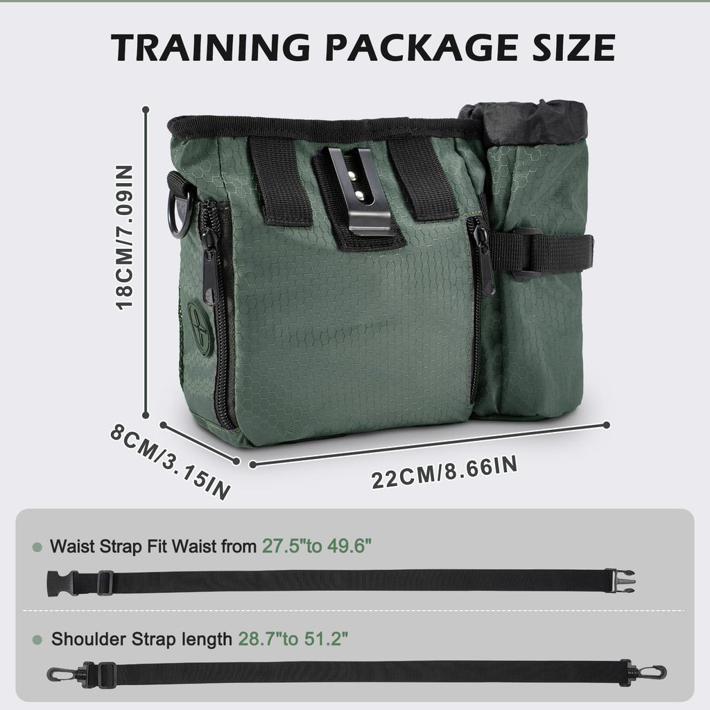 Erhalithegro Dog Treat Training Pouch - Magnetic Zipper Closure, Poop Bag Dispenser, Water Bottle Pocket, GrayishGreen