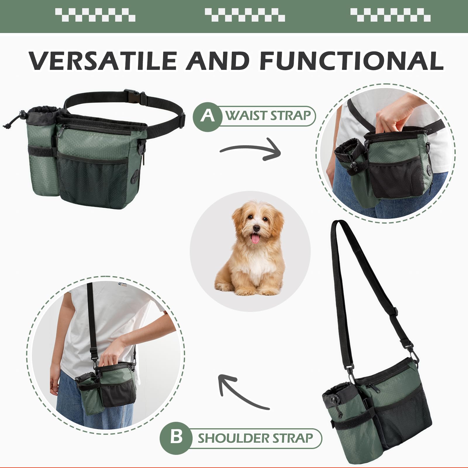 Erhalithegro Dog Treat Training Pouch - Magnetic Zipper Closure, Poop Bag Dispenser, Water Bottle Pocket, GrayishGreen