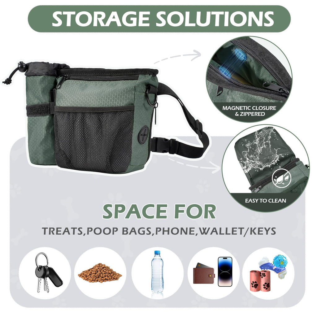 Erhalithegro Dog Treat Training Pouch - Magnetic Zipper Closure, Poop Bag Dispenser, Water Bottle Pocket, GrayishGreen