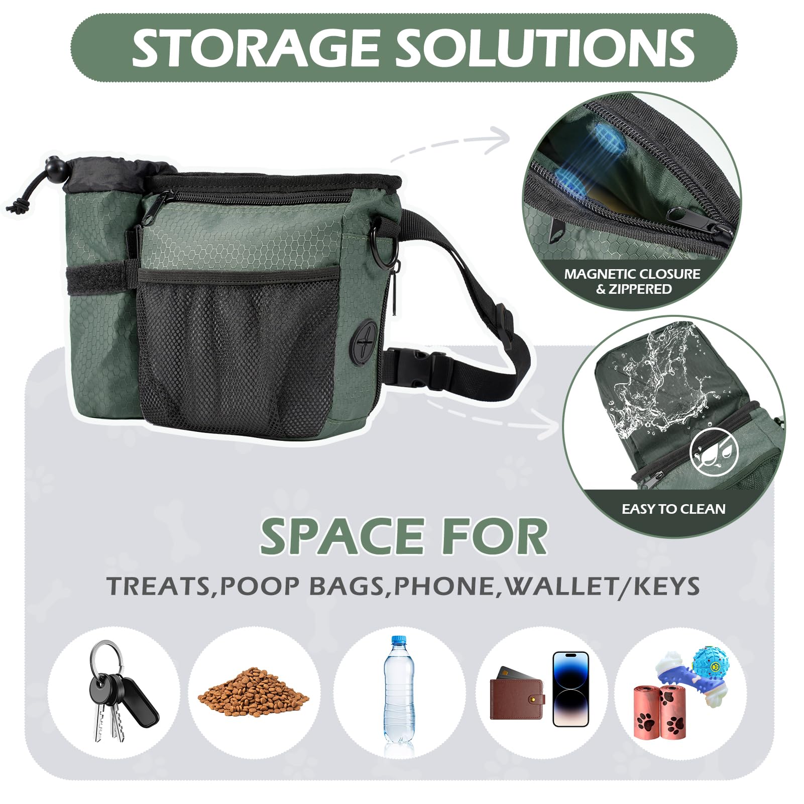Erhalithegro Dog Treat Training Pouch - Magnetic Zipper Closure, Poop Bag Dispenser, Water Bottle Pocket, GrayishGreen