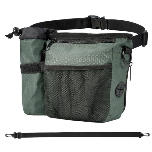 Erhalithegro Dog Treat Training Pouch - Magnetic Zipper Closure, Poop Bag Dispenser, Water Bottle Pocket, GrayishGreen