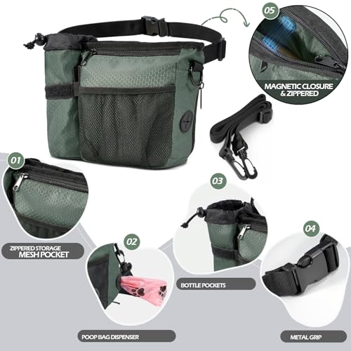 Erhalithegro Dog Treat Training Pouch - Magnetic Zipper Closure, Poop Bag Dispenser, Water Bottle Pocket, GrayishGreen