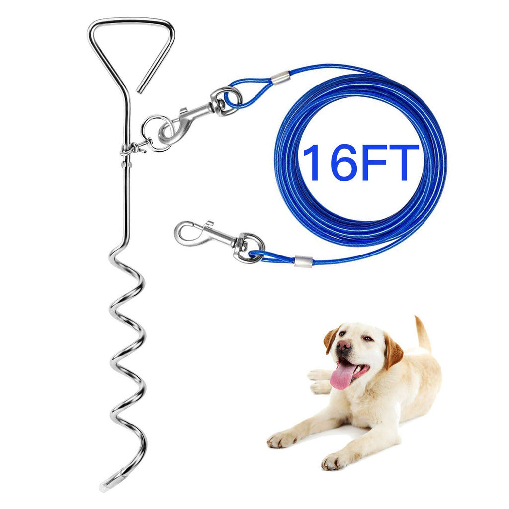 Evilplan Dog Tie Out Cable and Stake - 16ft Vinyl-Coated Steel Cable with 16-Inch Spiral Stake for Dogs Up to 125 lbs