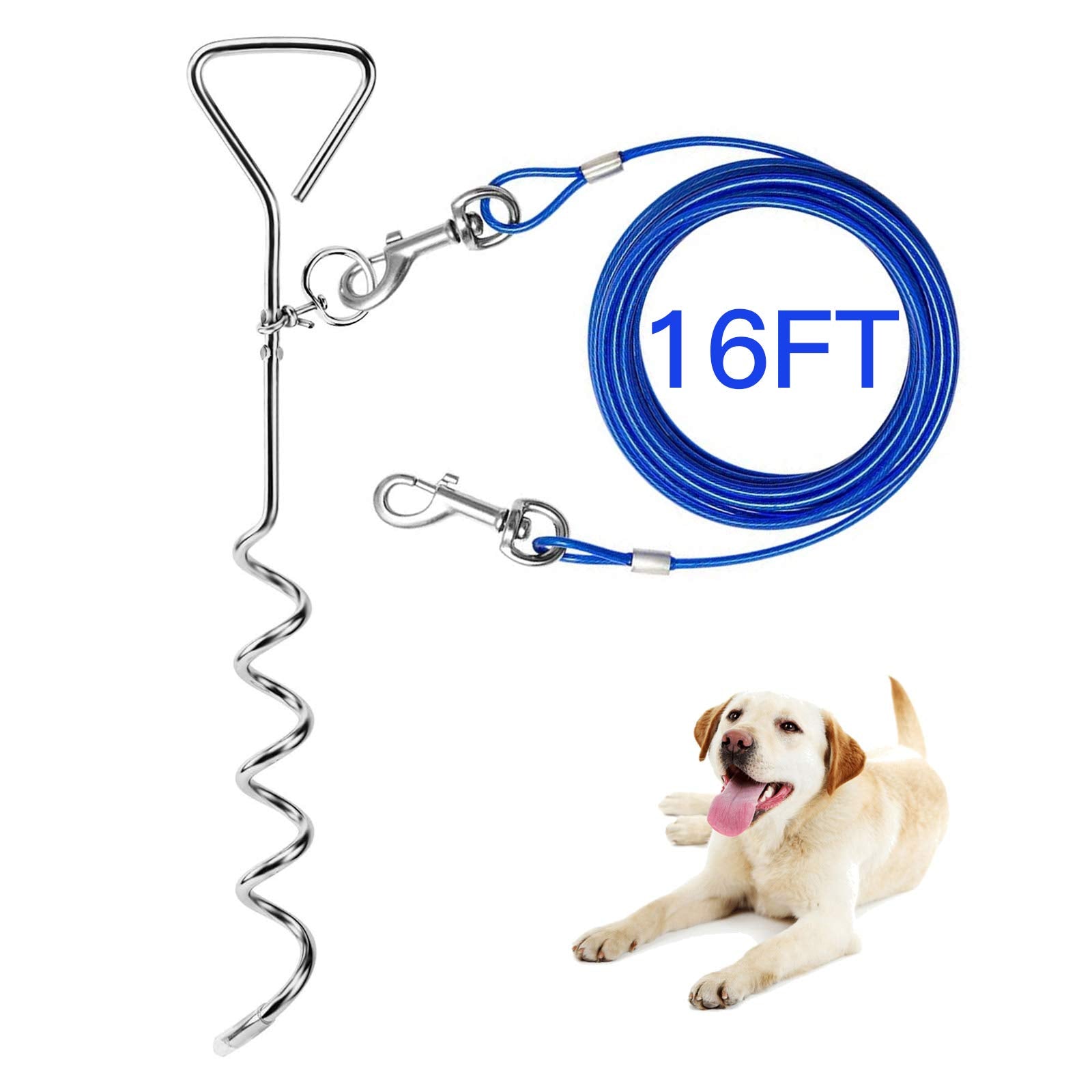 Evilplan Dog Tie Out Cable and Stake - 16ft Vinyl-Coated Steel Cable with 16-Inch Spiral Stake for Dogs Up to 125 lbs