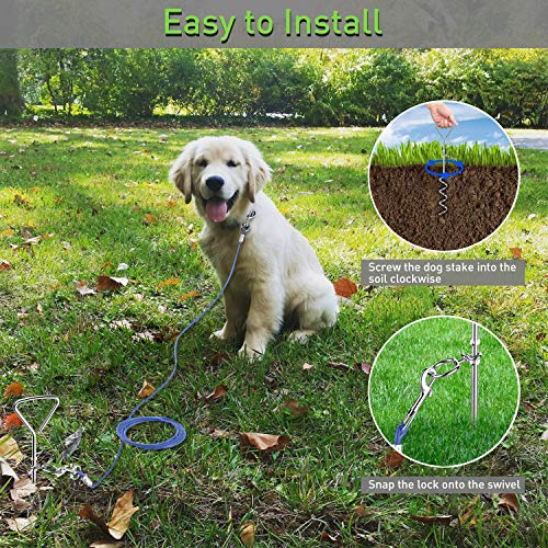 Evilplan Dog Tie Out Cable and Stake - 16ft Vinyl-Coated Steel Cable with 16-Inch Spiral Stake for Dogs Up to 125 lbs