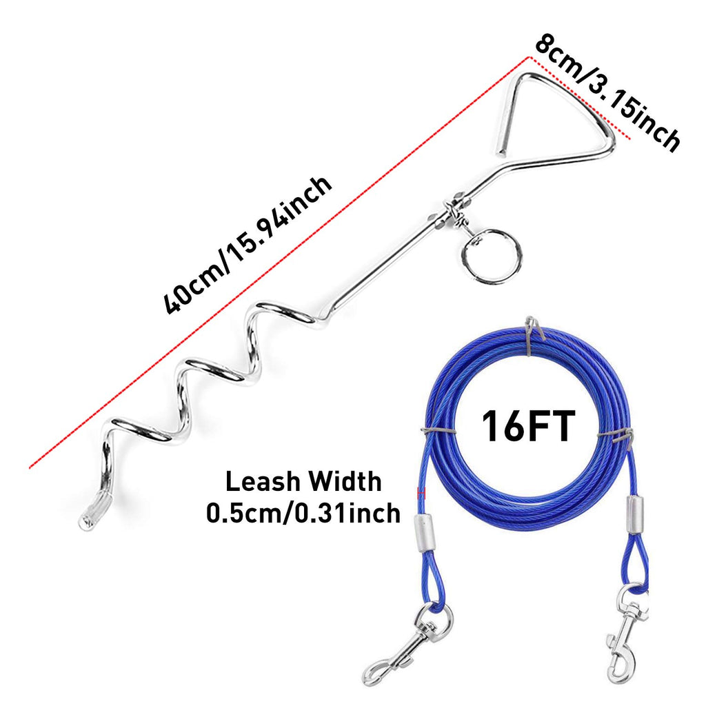 Evilplan Dog Tie Out Cable and Stake - 16ft Vinyl-Coated Steel Cable with 16-Inch Spiral Stake for Dogs Up to 125 lbs