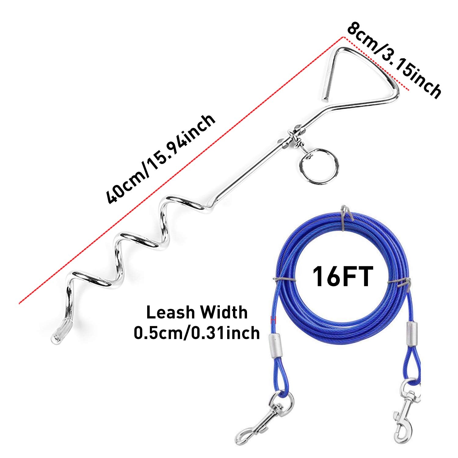 Evilplan Dog Tie Out Cable and Stake - 16ft Vinyl-Coated Steel Cable with 16-Inch Spiral Stake for Dogs Up to 125 lbs