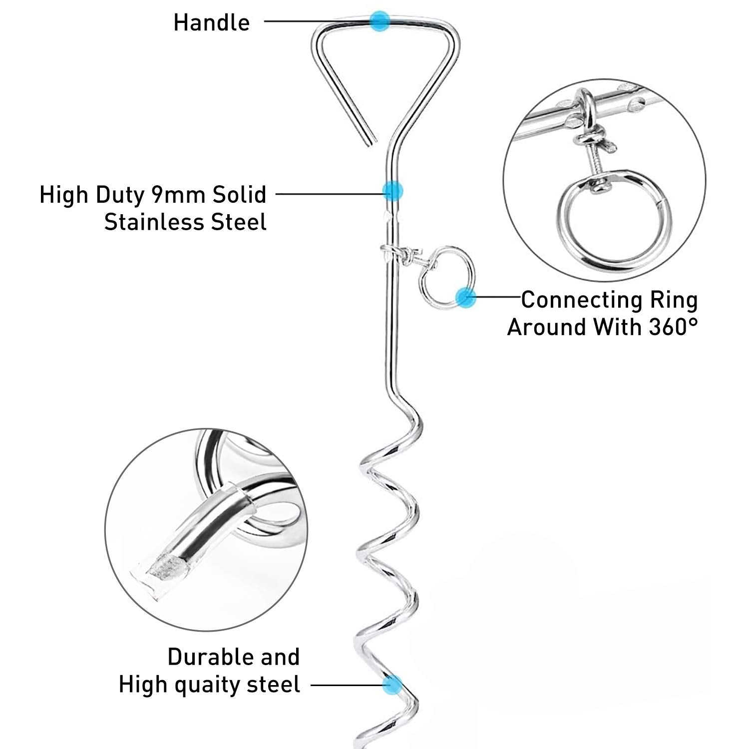 Evilplan Dog Tie Out Cable and Stake - 16ft Vinyl-Coated Steel Cable with 16-Inch Spiral Stake for Dogs Up to 125 lbs