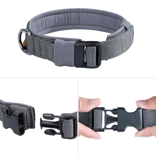 EXCELLENT ELITE SPANKER Tactical Dog Collar - Adjustable Nylon with Padded Lining, Heavy Duty Military Style for Small to Large Dogs (Grey, Large)