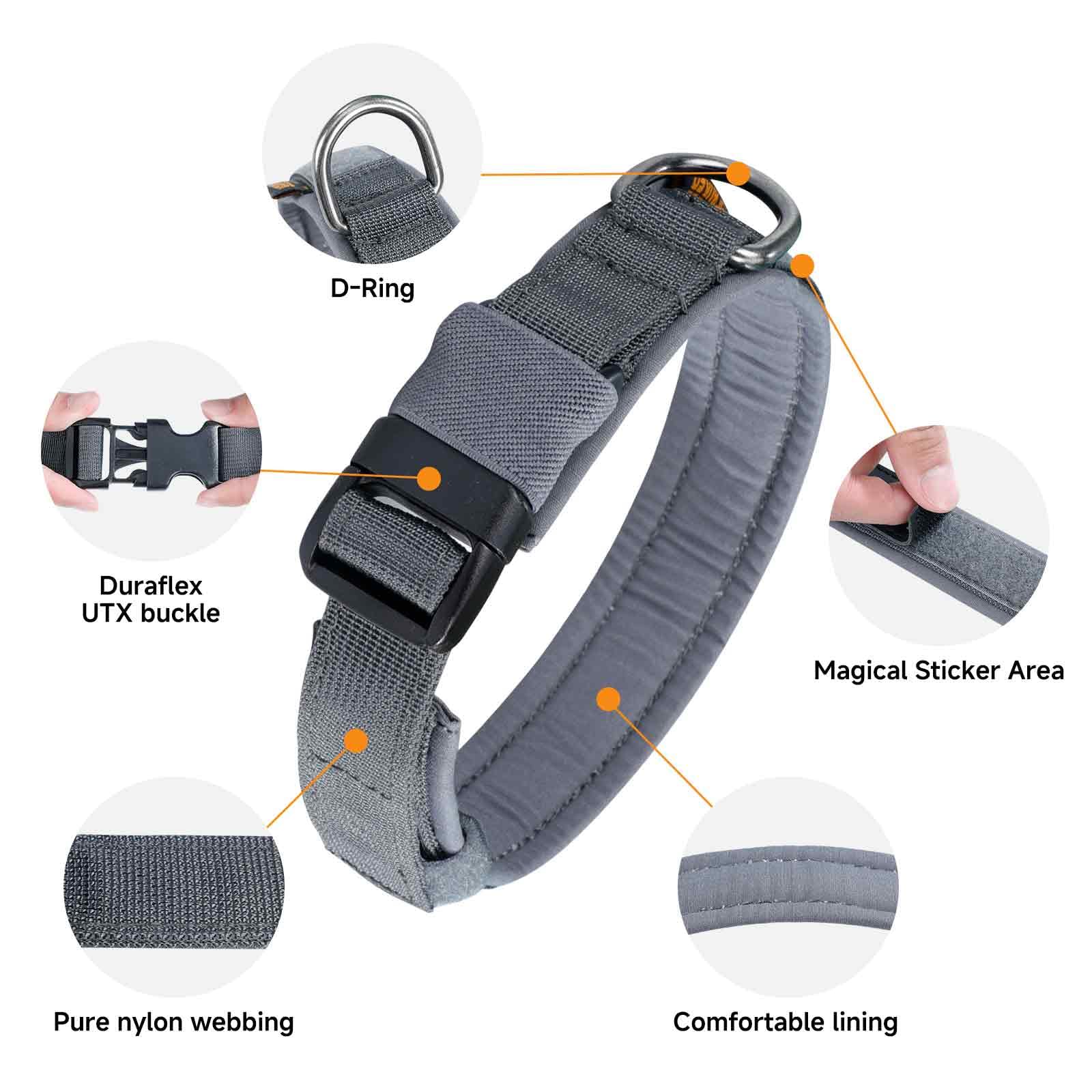 EXCELLENT ELITE SPANKER Tactical Dog Collar - Adjustable Nylon with Padded Lining, Heavy Duty Military Style for Small to Large Dogs (Grey, Large)