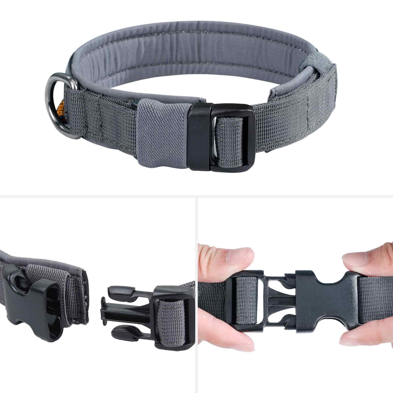 EXCELLENT ELITE SPANKER Tactical Dog Collar - Adjustable Nylon with Padded Lining, Heavy Duty Military Style for Small to Large Dogs (Grey, Large)