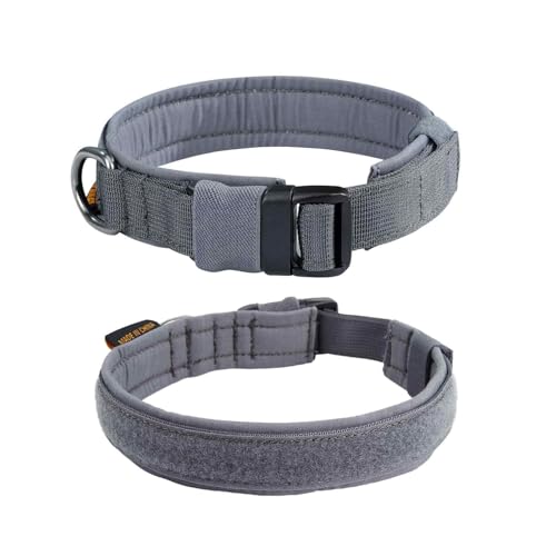 EXCELLENT ELITE SPANKER Tactical Dog Collar - Adjustable Nylon with Padded Lining, Heavy Duty Military Style for Small to Large Dogs (Grey, Large)