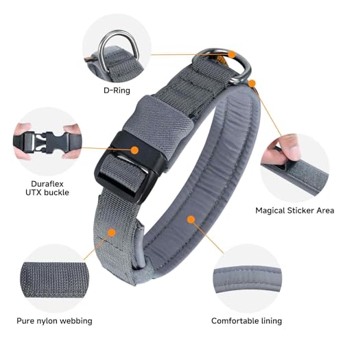 EXCELLENT ELITE SPANKER Tactical Dog Collar - Adjustable Nylon with Padded Lining, Heavy Duty Military Style for Small to Large Dogs (Grey, Large)