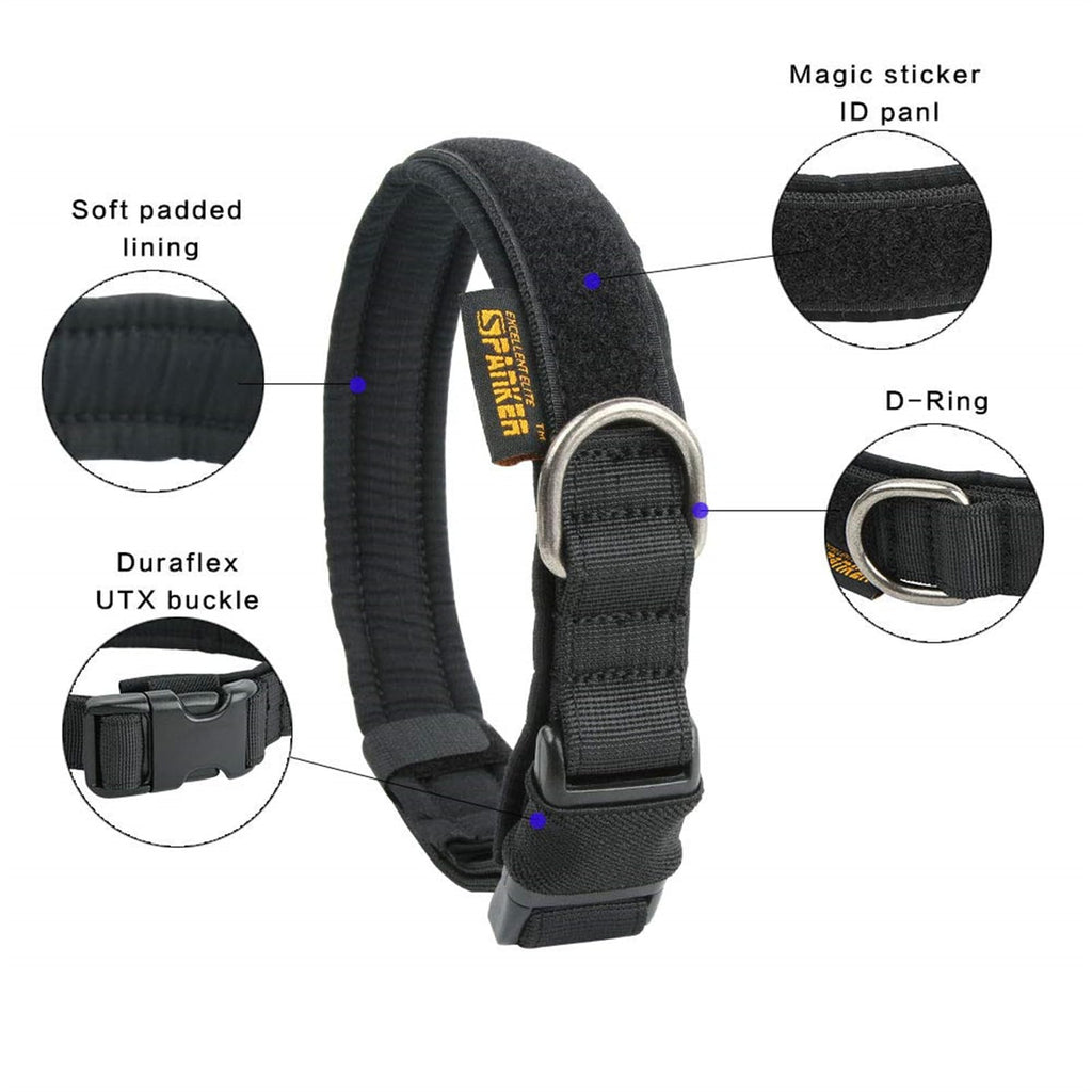 EXCELLENT ELITE SPANKER Tactical Dog Collar - Black Small Size Padded Nylon Military Collar with D-Ring and ID Panel
