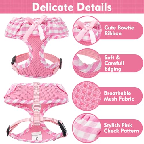 EXPAWLORER Small Pink Checkered Dog Harness and Leash Set for Small Dogs Puppies, Step-in Vest with Ribbon, No-Choke Adjustable, Machine Washable