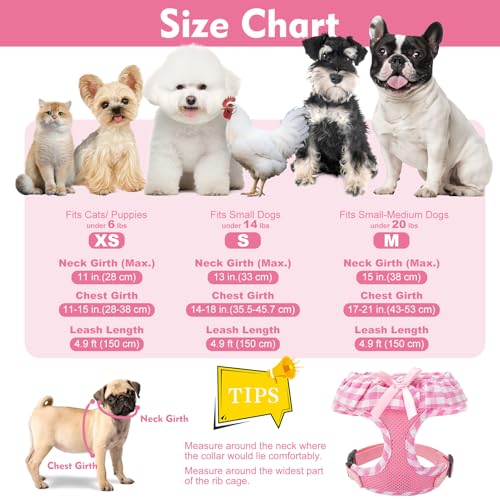 EXPAWLORER Small Pink Checkered Dog Harness and Leash Set for Small Dogs Puppies, Step-in Vest with Ribbon, No-Choke Adjustable, Machine Washable