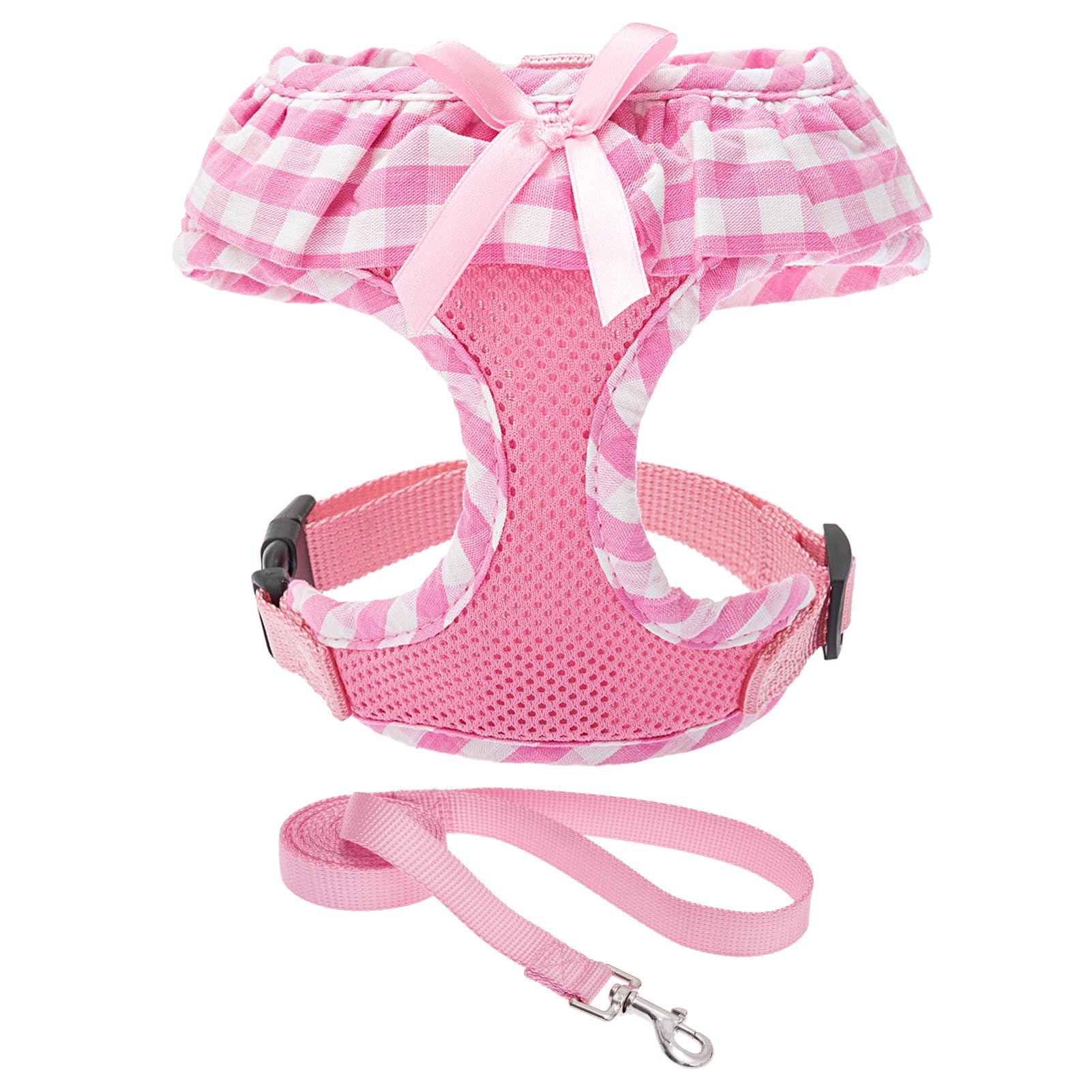 EXPAWLORER Small Pink Checkered Dog Harness and Leash Set for Small Dogs Puppies, Step-in Vest with Ribbon, No-Choke Adjustable, Machine Washable