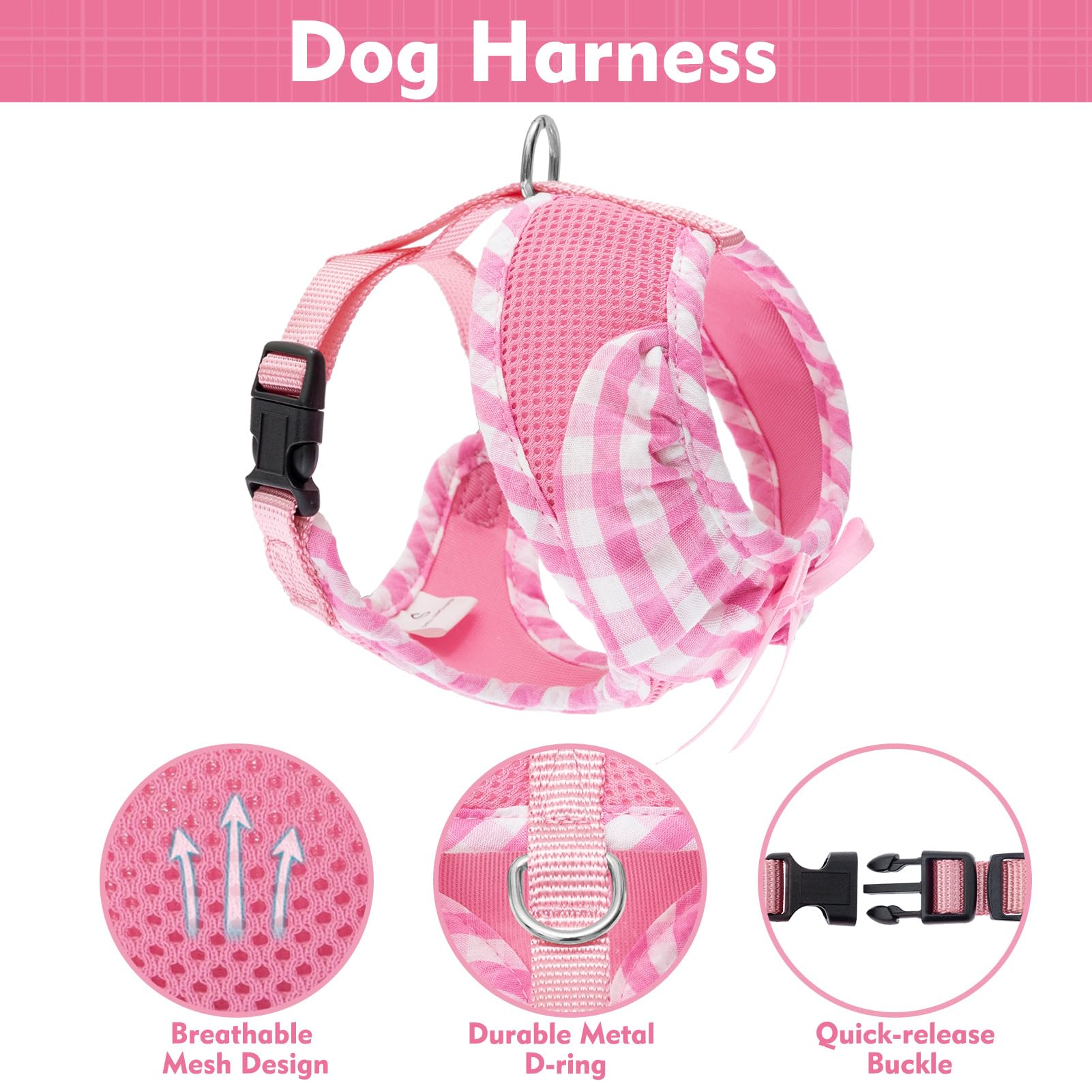 EXPAWLORER Small Pink Checkered Dog Harness and Leash Set for Small Dogs Puppies, Step-in Vest with Ribbon, No-Choke Adjustable, Machine Washable