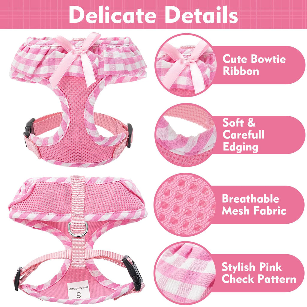 EXPAWLORER Small Pink Checkered Dog Harness and Leash Set for Small Dogs Puppies, Step-in Vest with Ribbon, No-Choke Adjustable, Machine Washable