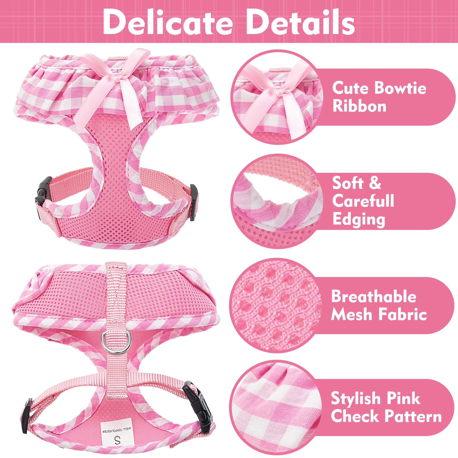 EXPAWLORER Small Pink Checkered Dog Harness and Leash Set for Small Dogs Puppies, Step-in Vest with Ribbon, No-Choke Adjustable, Machine Washable