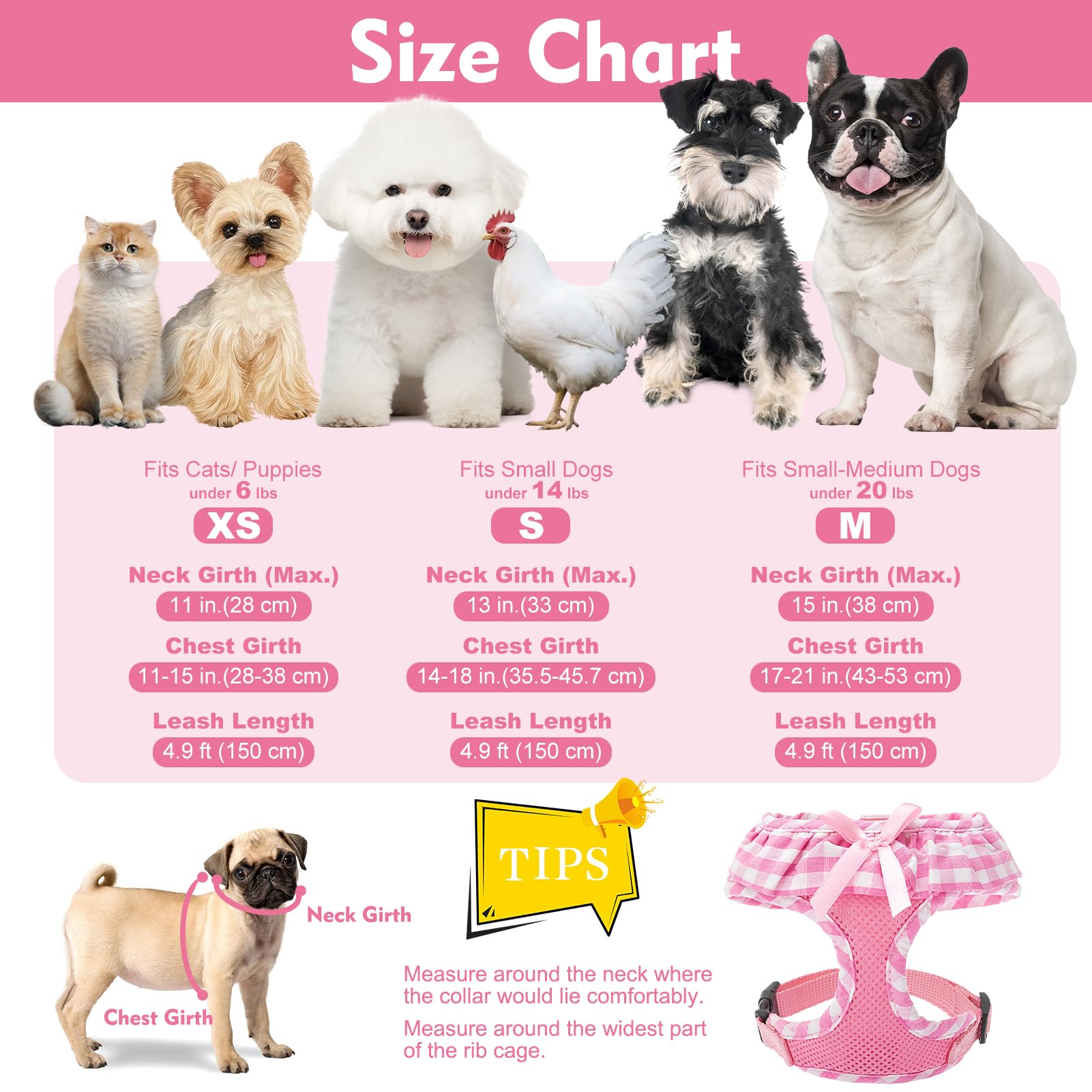 EXPAWLORER Small Pink Checkered Dog Harness and Leash Set for Small Dogs Puppies, Step-in Vest with Ribbon, No-Choke Adjustable, Machine Washable