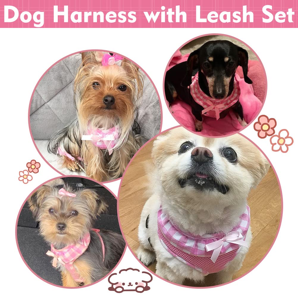 EXPAWLORER Small Pink Checkered Dog Harness and Leash Set for Small Dogs Puppies, Step-in Vest with Ribbon, No-Choke Adjustable, Machine Washable