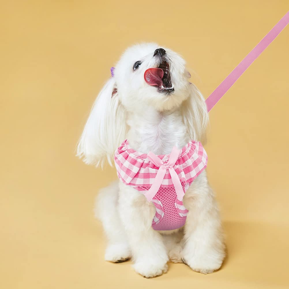 EXPAWLORER Small Pink Checkered Dog Harness and Leash Set for Small Dogs Puppies, Step-in Vest with Ribbon, No-Choke Adjustable, Machine Washable