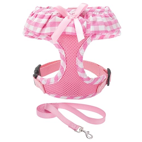 EXPAWLORER Small Pink Checkered Dog Harness and Leash Set for Small Dogs Puppies, Step-in Vest with Ribbon, No-Choke Adjustable, Machine Washable