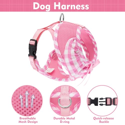 EXPAWLORER Small Pink Checkered Dog Harness and Leash Set for Small Dogs Puppies, Step-in Vest with Ribbon, No-Choke Adjustable, Machine Washable