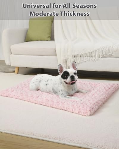 Exsnugy Washable Plush Dog Bed Mat - L (35x22x1.5 inches) - Pink, Reversible, Machine Washable Crate Pad