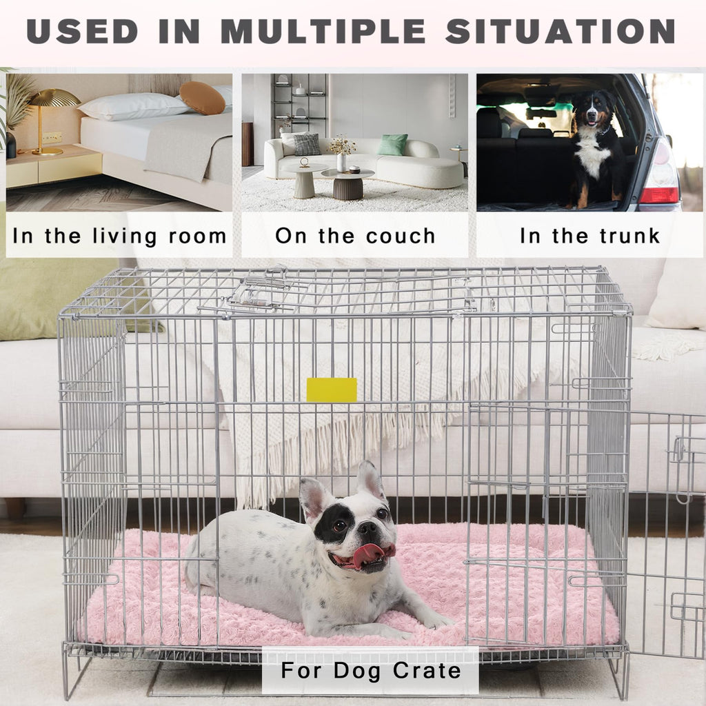 Exsnugy Washable Plush Dog Bed Mat - L (35x22x1.5 inches) - Pink, Reversible, Machine Washable Crate Pad