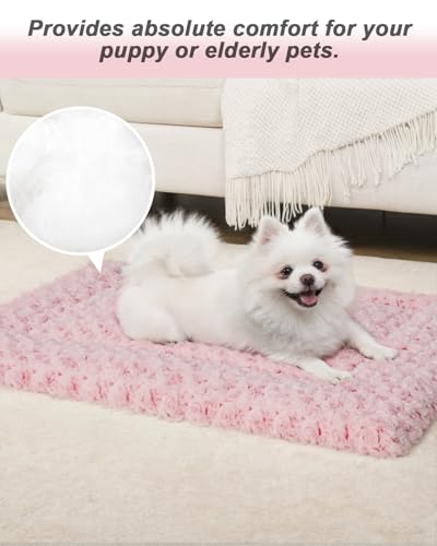 Exsnugy Washable Plush Dog Bed Mat - L (35x22x1.5 inches) - Pink, Reversible, Machine Washable Crate Pad