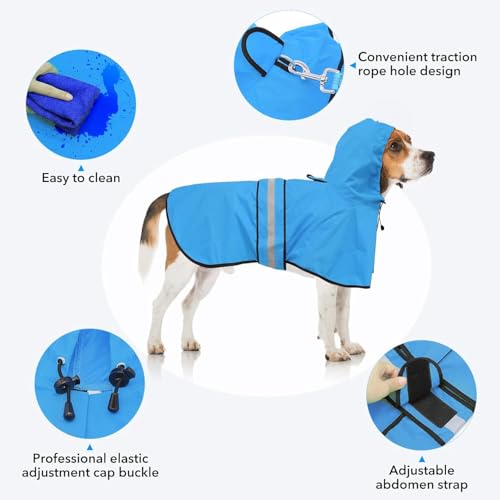 Ezierfy Waterproof Reflective Dog Rain Coat – Lightweight, Adjustable, and Safe for Night Walks (Blue, Medium)