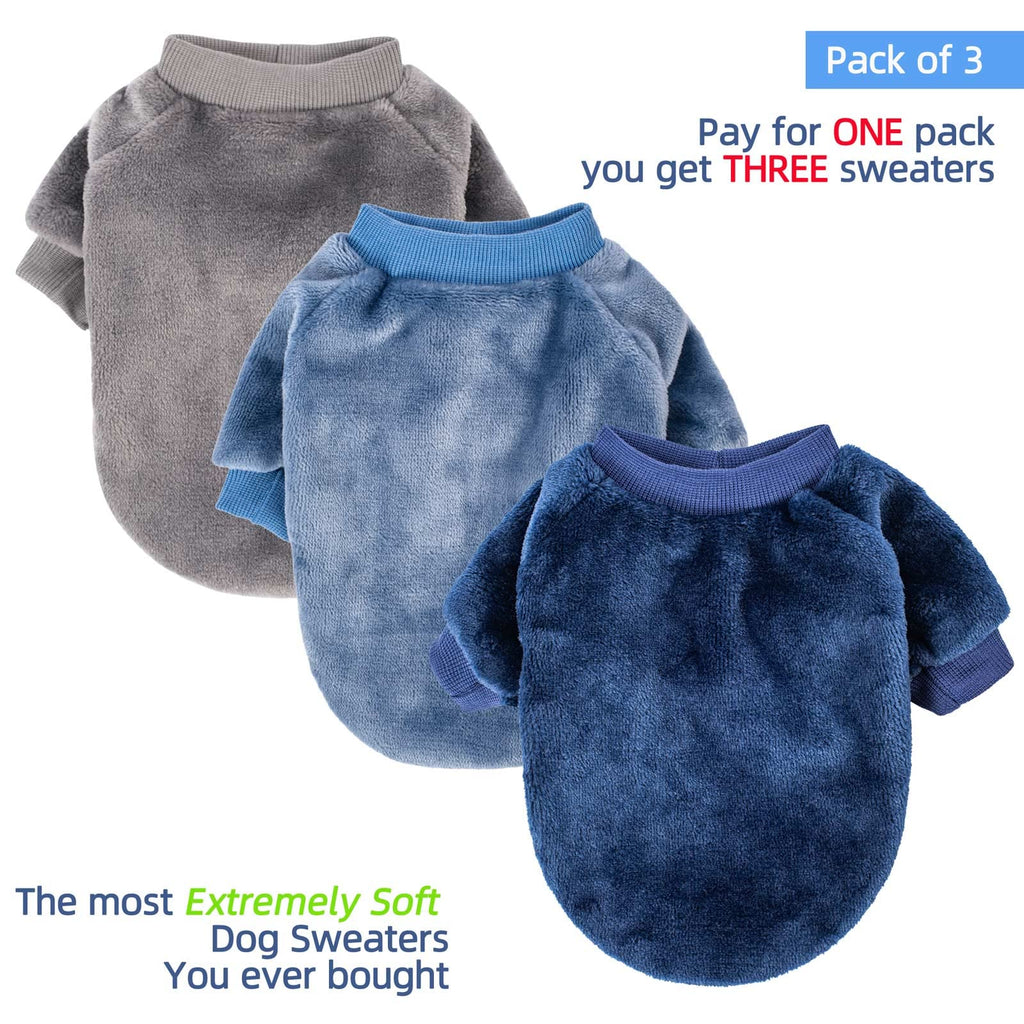 FabriCastle 3-Pack Dog Sweaters for Small Dogs & Cats – Ultra Soft Warm Pet Jackets in Grey, Blue, Dark Blue (XX-Small)